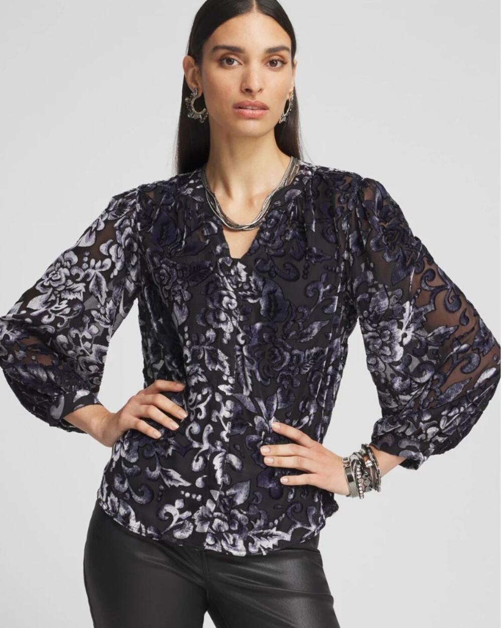Chico's Black Burnout Velvet Blouson Sleeve Suplice Blouse M/8